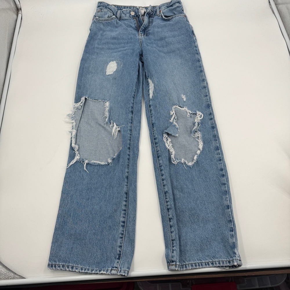 Forever 21 Premium Wide Leg Distressed Jeans Womens 25 Blue High Rise Ripped